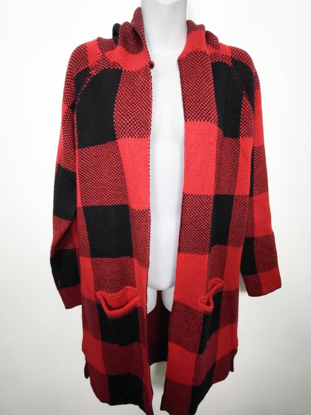 Kismet Women's "Jayden" Longline Hooded Buffalo Plaid Cardigan - Size small